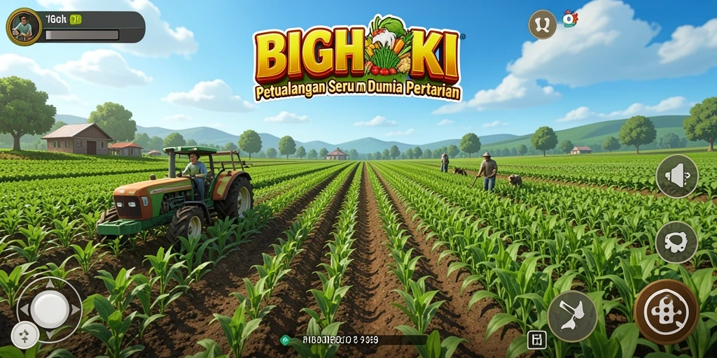 Tampilan gameplay BIGHOKI dengan ladang yang rimbun dan hewan ternak.
