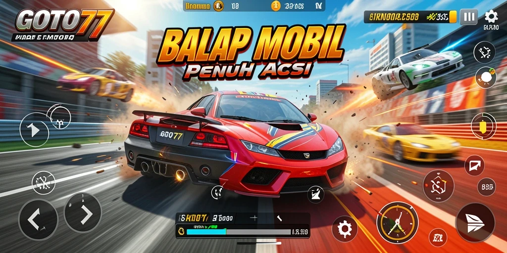 Tampilan gameplay GOTO77 dengan aksi balap yang intens dan mobil kustom.