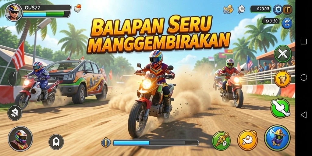 Screenshot GUS77 menampilkan aksi balapan yang menegangkan dengan mobil-mobil cepat.