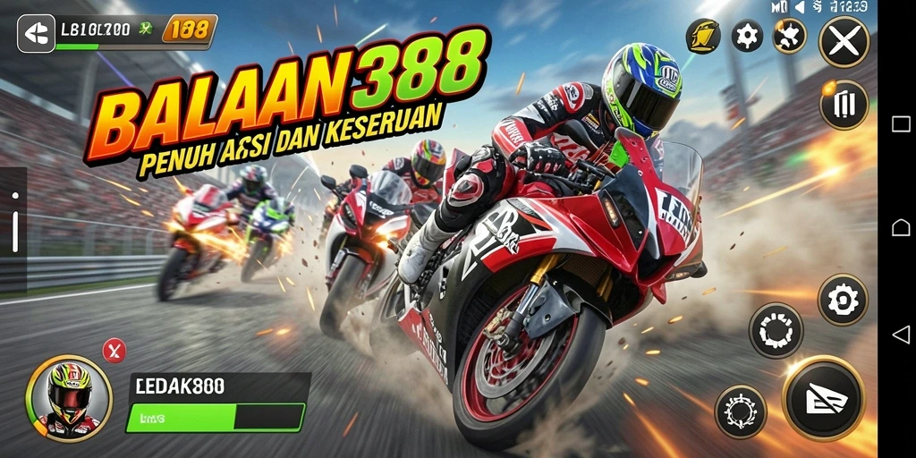 Screenshot gameplay LEDAK388 menampilkan balapan motor yang seru dan penuh aksi.
