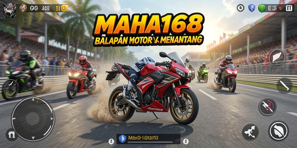 Tampilan gameplay balapan motor yang penuh adrenalin di MAHA168.