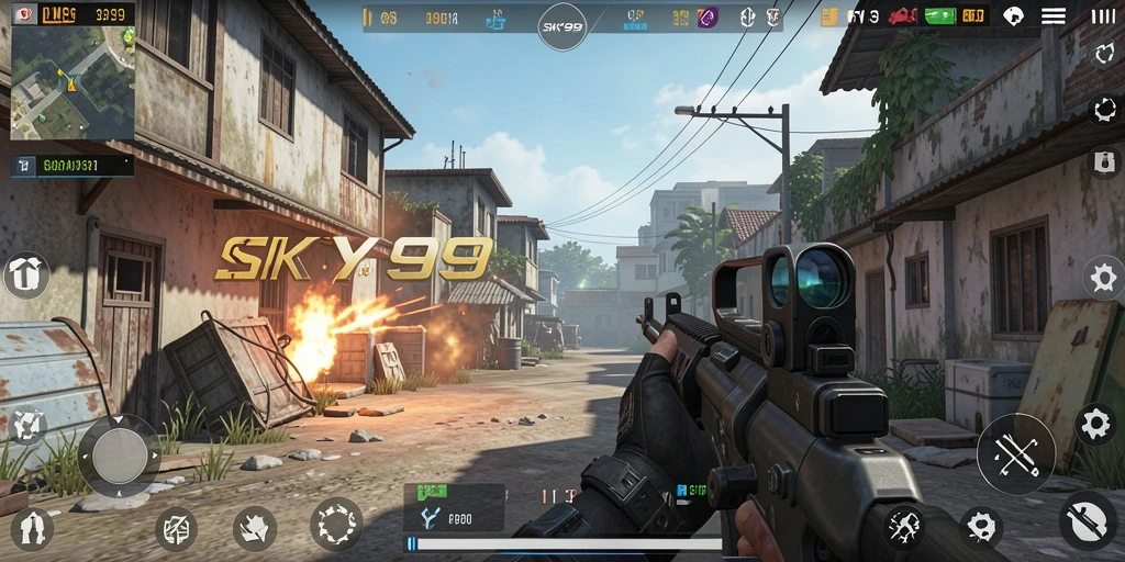 Tampilan aksi intens dari gameplay SKY99 di medan pertempuran.