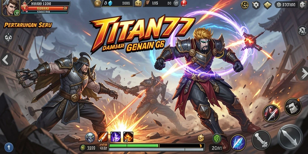 Screenshot gameplay TITAN777 menunjukkan pertarungan seru antara karakter dalam arena.